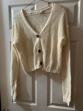 No Boundaries Cream Open-Weave V-Neck Button Cardigan